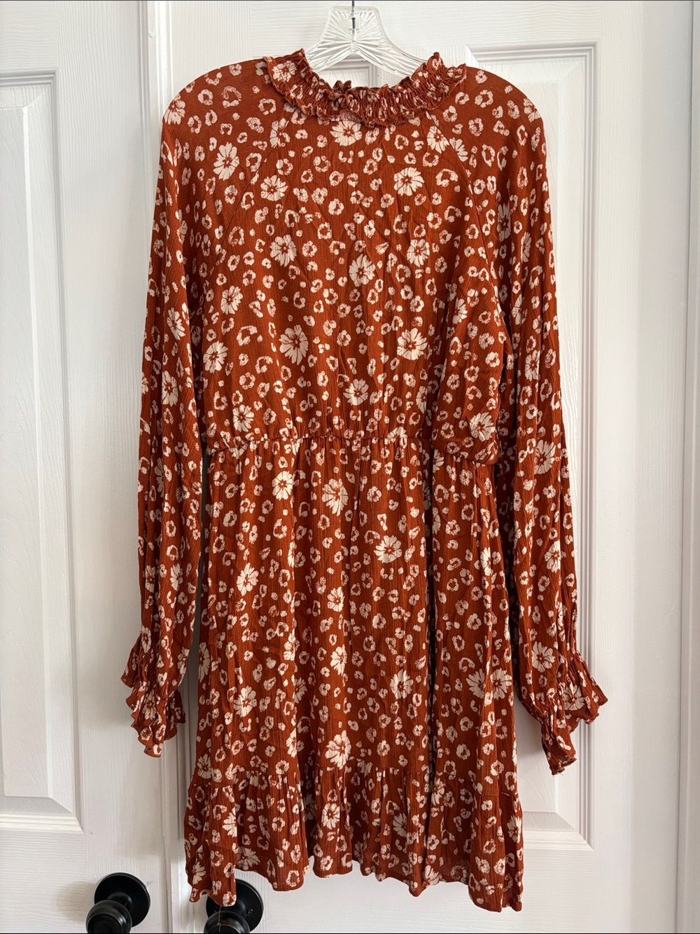 ALTAR’d State Rust cream Floral Long Sleeve Ruffled Neck Dress Womens Size Large